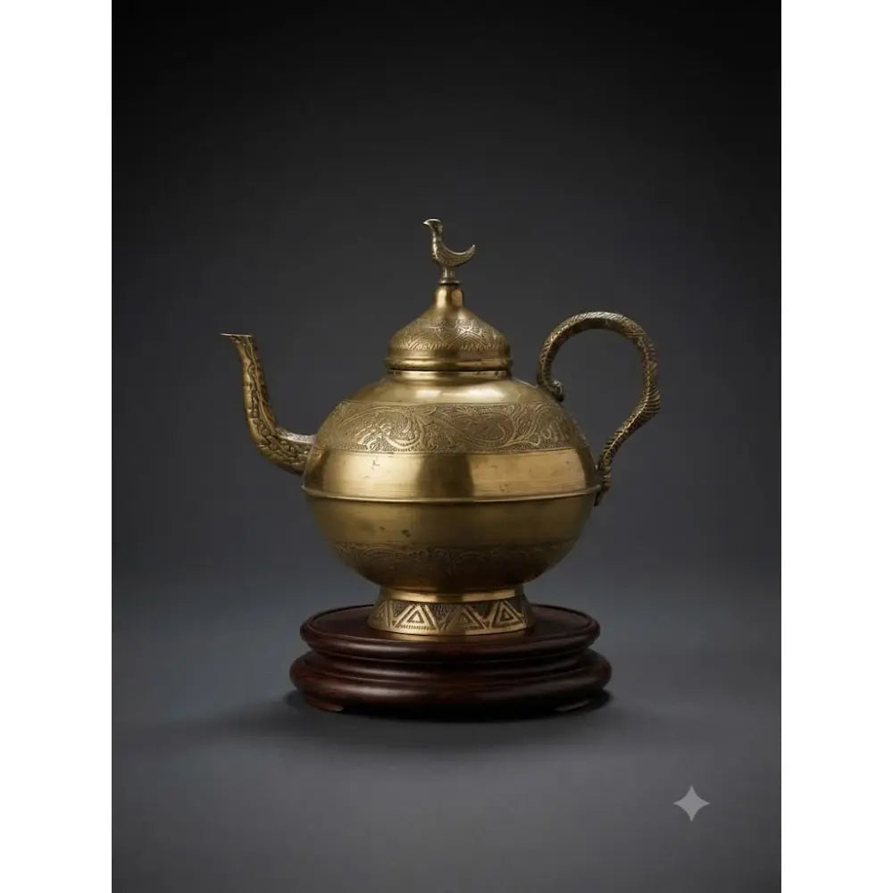 Ornate Artisan-Engraved Brass Moroccan Teapot with Bird Finial